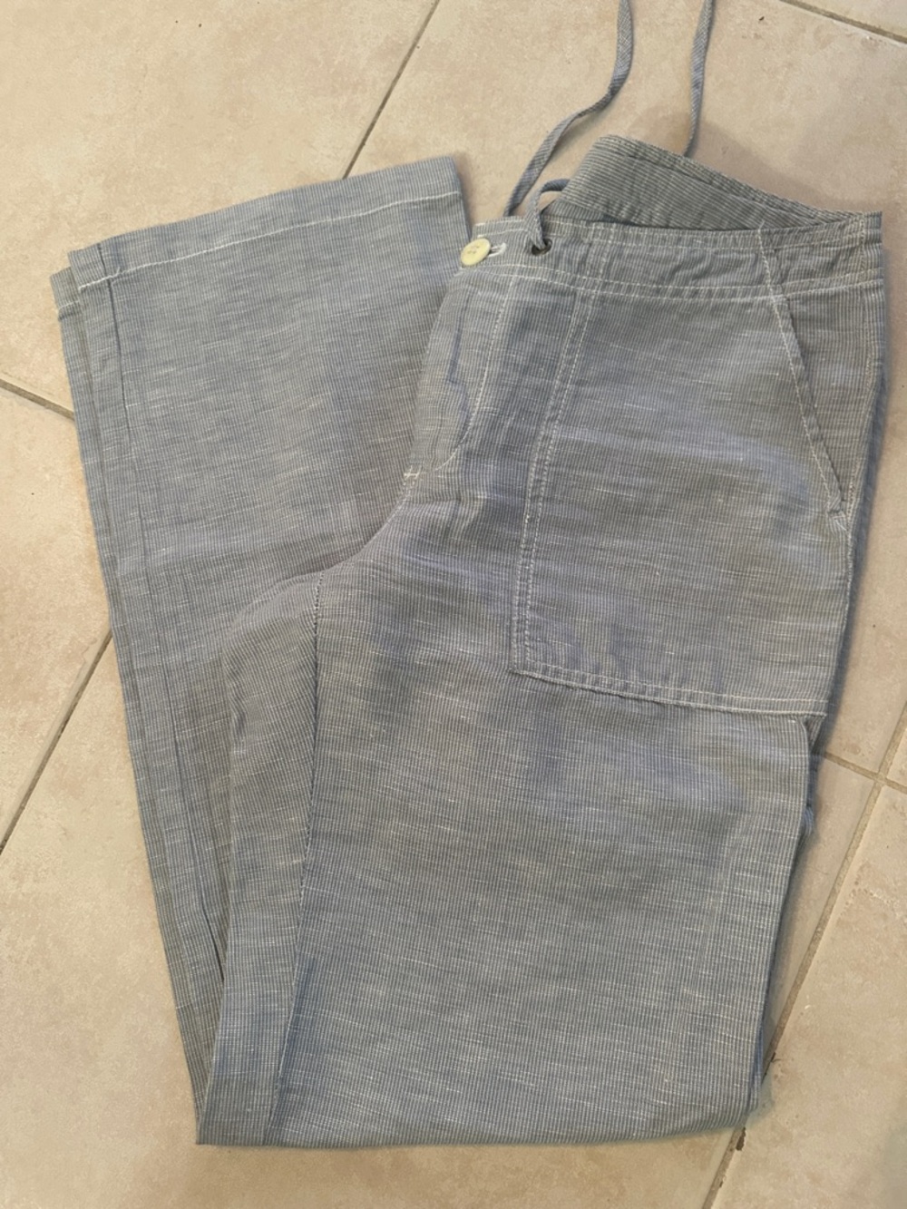 Ladies Gap Casual Drawstring Linen-Blend Pants Blue & White Stripe Size 6R